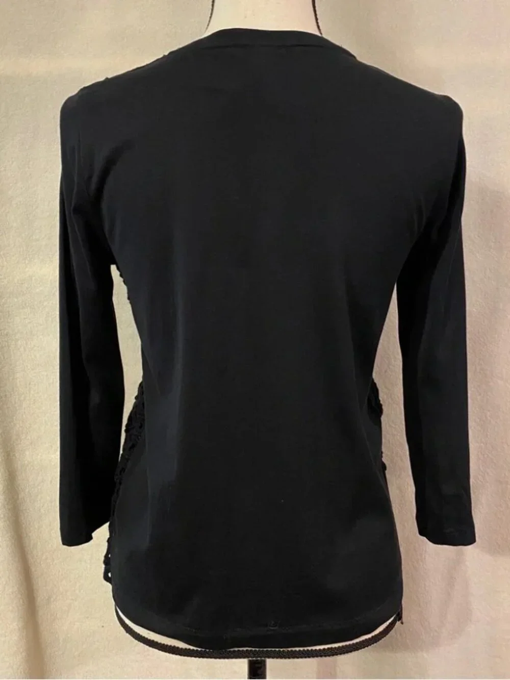 J. Crew black circle crochet lace layered tiered 3/4 sleeve cotton top